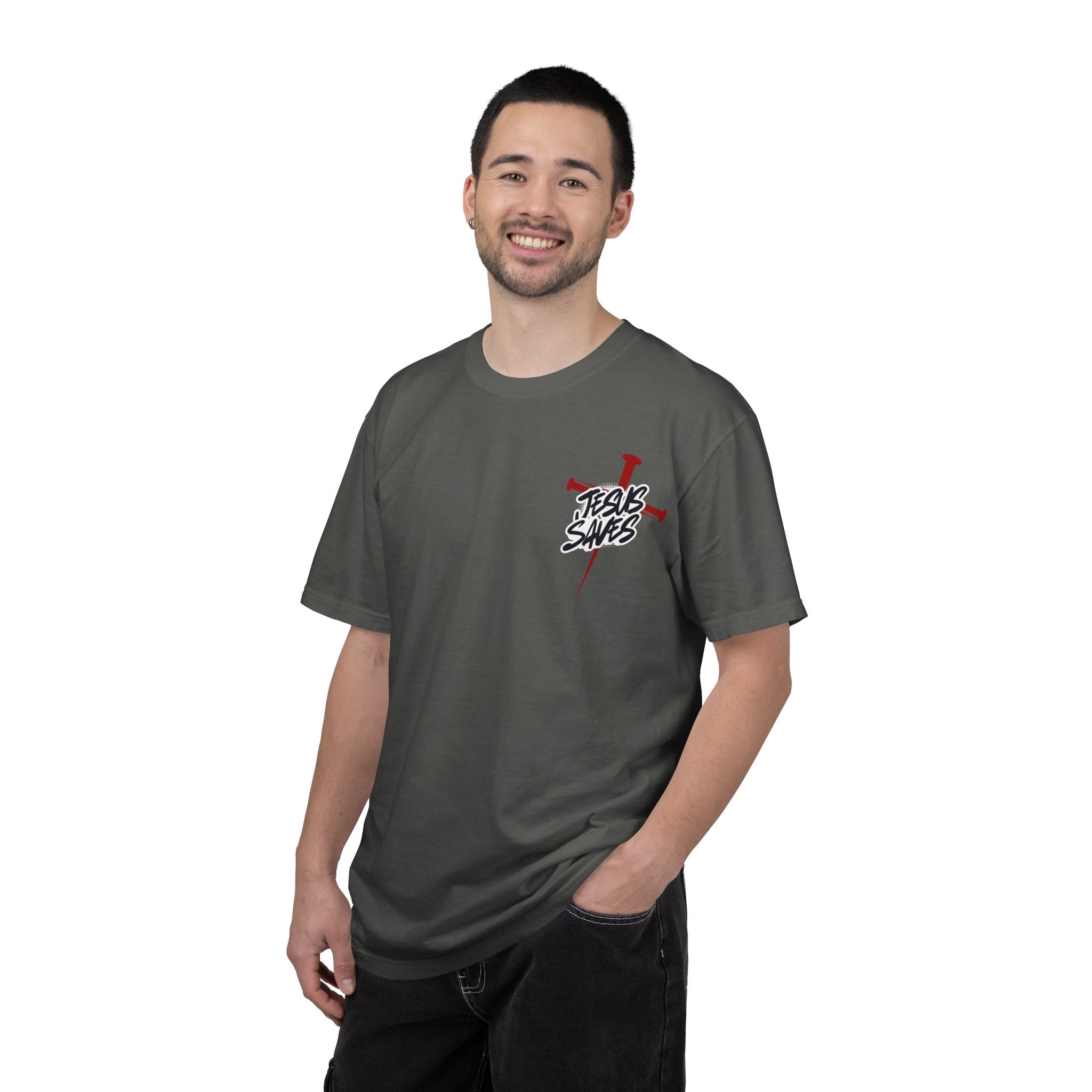 Jesus Saves T-Shirt — Graphic Faith Tee with Cross and Nails